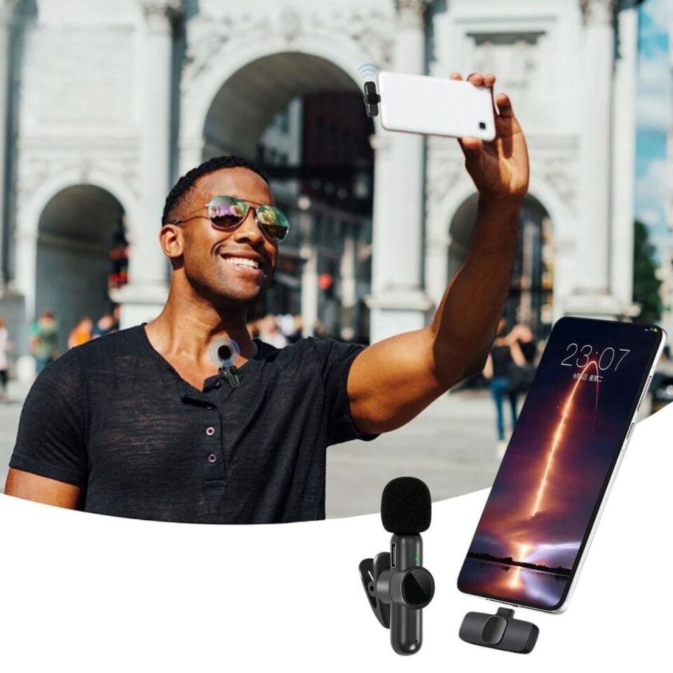 AD Type C Uyumlu İphone Dönüştürücülü Kablosuz Yaka Mikrofonu Android ve İphone Uyumlu Mini Mikrofon