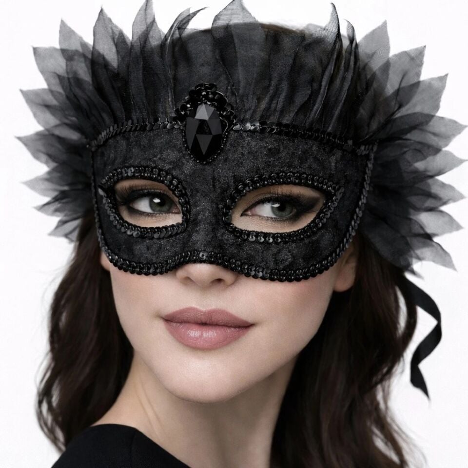 Mey İthalat® Siyah Taşlı Venedik Maskesi Lüks Tüllü Parti Maskesi