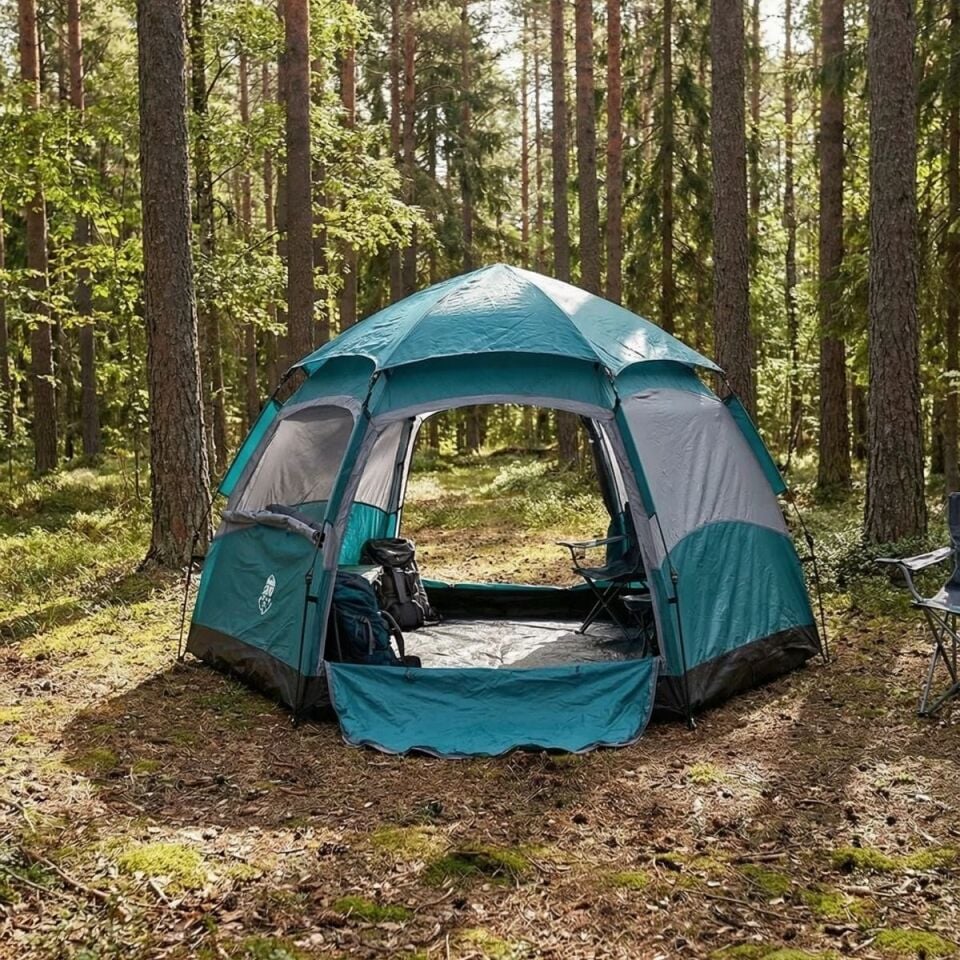 AD 4 Kişilik Otomatik Kamp Çadırı – Altıgen Tasarım, Çift Kapılı, Suya Dayanıklı, Hızlı Kurulumlu Geniş Aile Outdoor Çadırı 240x240x160 cm
