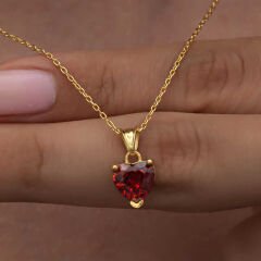 925 Ayar Gümüş Gold Kırmızı Taşlı Kalpli Kadın Kolye T8325 (491491)