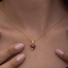 925 Ayar Gümüş Gold Kırmızı Taşlı Kalpli Kadın Kolye T8325 (491491)