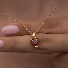 925 Ayar Gümüş Gold Kırmızı Taşlı Kalpli Kadın Kolye T8325 (491491)