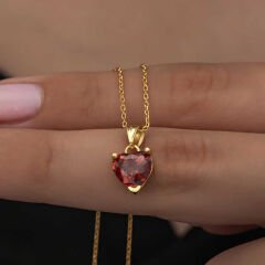 925 Ayar Gümüş Gold Kırmızı Taşlı Kalpli Kadın Kolye T8325 (491491)