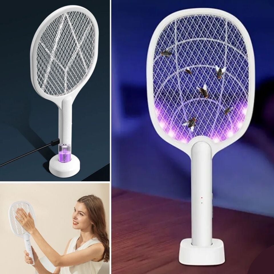 AD Şarjlı Sinek Öldürücü Masaüstü Standlı,Mor Işık Sinek Kovucu Raket 5w