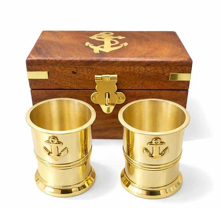 Ahşap Kutulu 2'li Pirinç Shot Bardak Seti