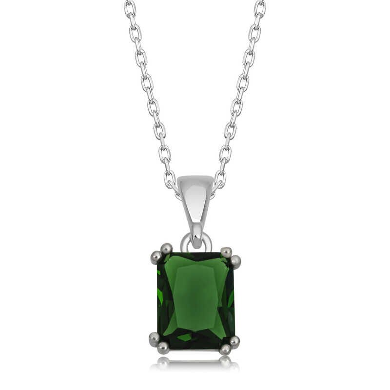925 Ayar Gümüş Yeşil Kristal Kare Taşlı Kadın Gümüş Kolye T6909 (491491)