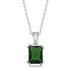 925 Ayar Gümüş Yeşil Kristal Kare Taşlı Kadın Gümüş Kolye T6909 (491491)