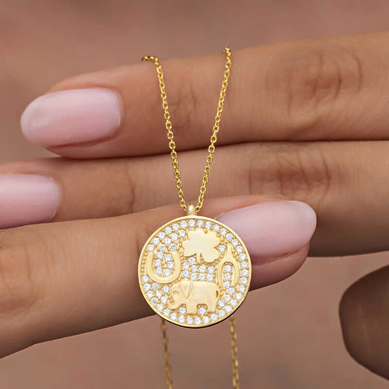 925 Ayar Gümüş Gold Fil Motifli Şans Kadın Kolye T8331 (491491)