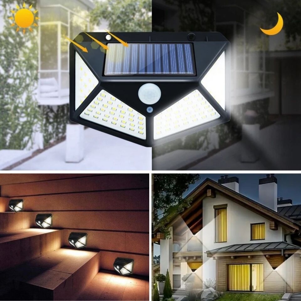 AD 100 Ledli 3 Farklı Aydınlatma Ayarlı Solar Güneş Enerjili Hareket Sensörlü Bahçe Duvar Lambası
