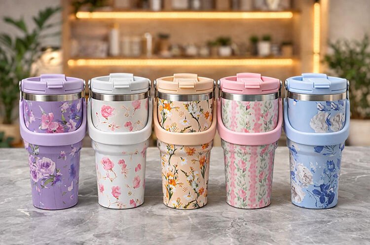 Çiçek Desenli 700 ml Taşıma Kulplu Paslanmaz Çelik Termos Mug Bardak