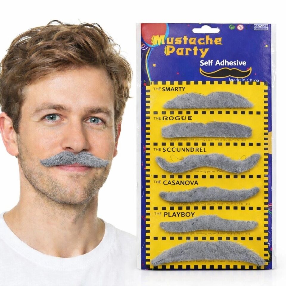 Mey İthalat® 6’lı Yapışkanlı Gri Parti Bıyık Seti – Farklı Modeller