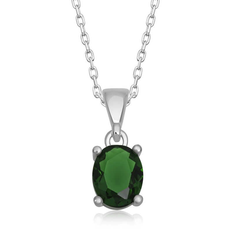 925 Ayar Gümüş Yeşil Kristal Oval Taşlı Kadın Gümüş Kolye T6908 (491491)