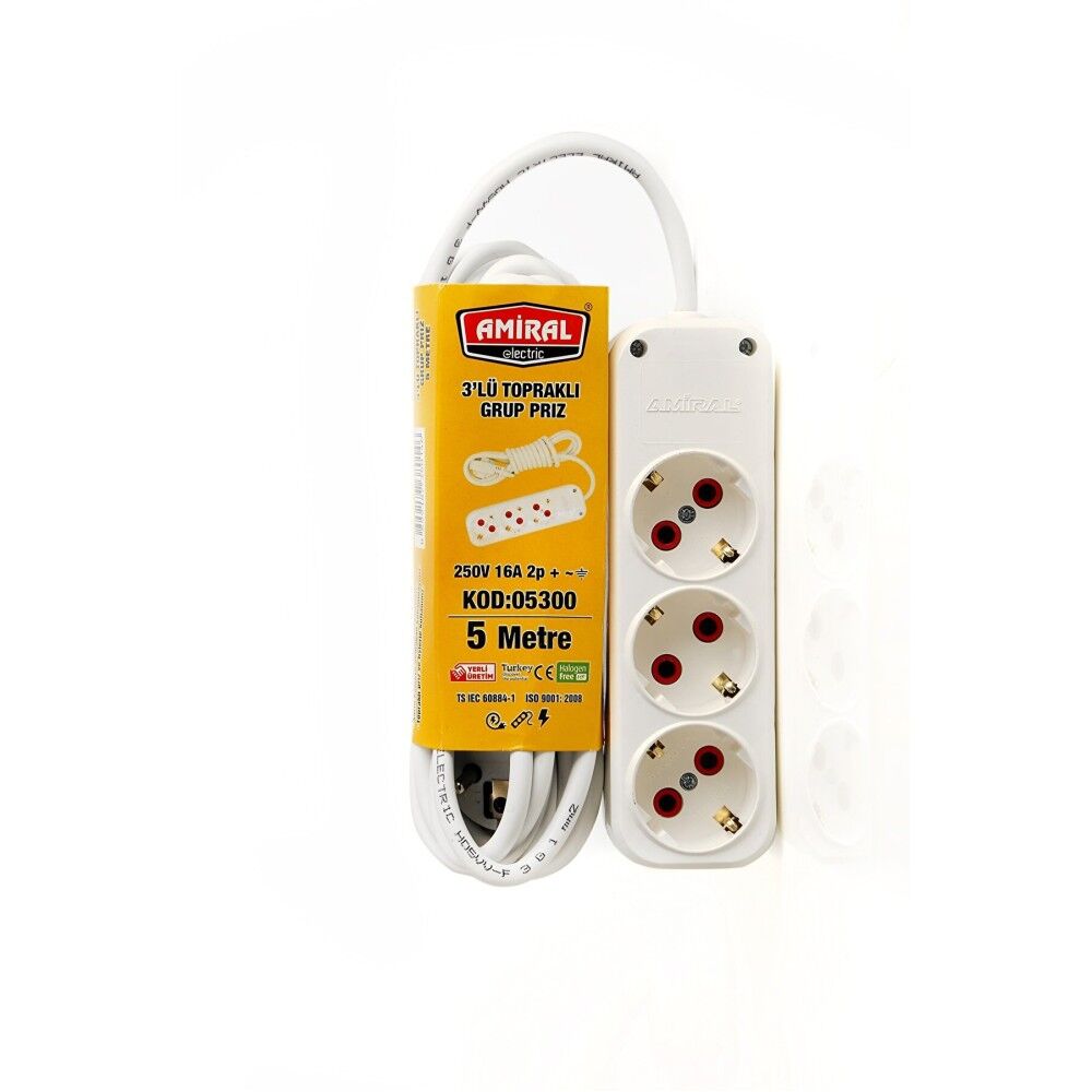 3 lü Topraklı 5 Metre Kablolu Grup Priz (491491)