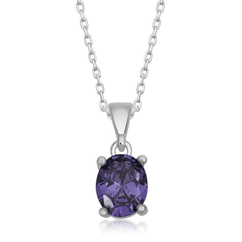 925 Ayar Gümüş Mor Kristal Oval Taşlı Kadın Gümüş Kolye T6910 (491491)