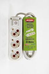 3 lü Topraklı Anahtarlı 3 Metre Kablolu Grup Priz (491491)