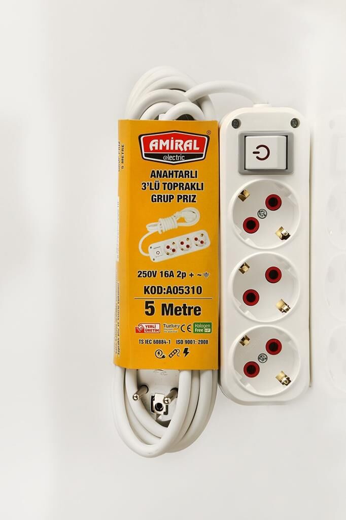 3 lü Topraklı Anahtarlı 5 Metre Kablolu Grup Priz (491491)