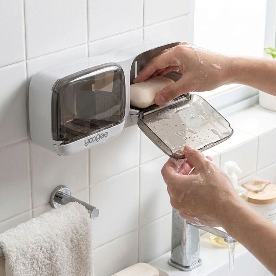 AD Duvara Monte İkili Kapaklı Plastik Katı Sabunluk Organizer – Banyo & Mutfak İçin Yapışkanlı Sabun Kutusu ve Düzenleyici