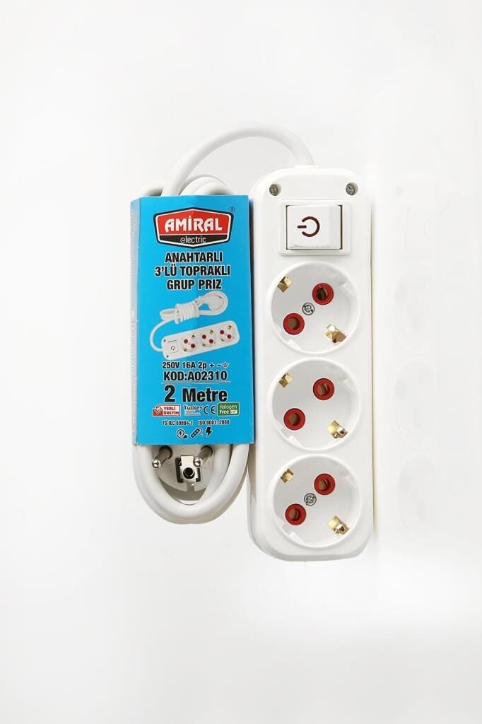 3 lü Topraklı Anahtarlı 2 Metre Kablolu Grup Priz (491491)