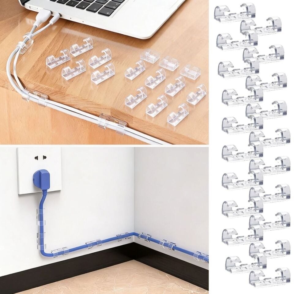AD 20’li Şeffaf Kablo Tutucu Klips – Kendinden Yapışkanlı Masaüstü Kablo Düzenleyici Aparat