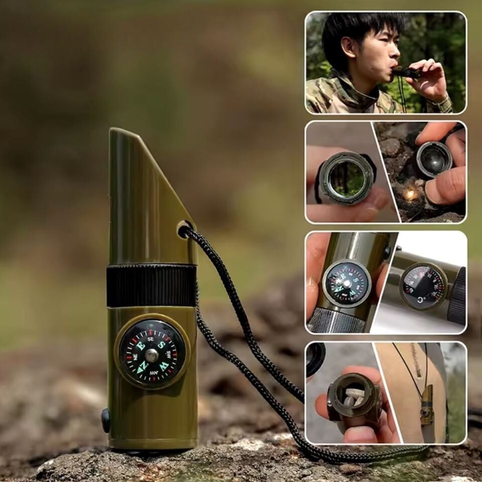 AD 7si 1arada Acil Durum Düdüğü,El Feneri, Termometre,Pusula,Büyüteç,Depolama Bölmeli Kampçı Düdüğü