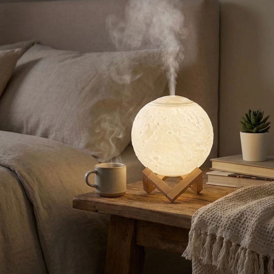 AD 3D Ay Tasarımlı Su Yenilemeli USB Hava Nemlendiricisi – Dokunmatik, 3 Renk Işık Modlu (Gün Işığı / Beyaz / Sarı Işık) Gece Lambası