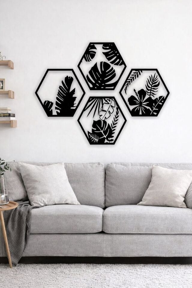 HexaLeaf – Tropikal Yaprak Desenli Altıgen Ahşap Duvar Dekoru