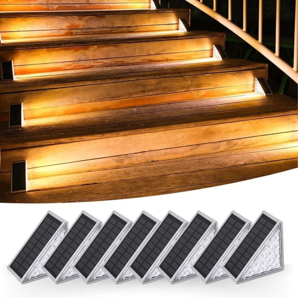 AD 8 Adet Üçgen  Güneş Enerjisi ile Şarj Olan Dış Mekan Solar Basamak Köşe Lambası