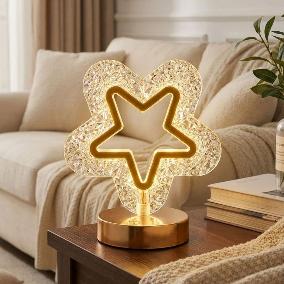 AD İçi Boş Yıldız Şeklinde Kristal LED Masa Lambası – Dokunmatik, 3 Renk Işık Modlu, Şarjlı Mini Dekoratif Gece Lambası