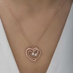 925 Ayar Gümüş Rose Birleşmiş Kalpler Kadın Kolye T6581 (491491)