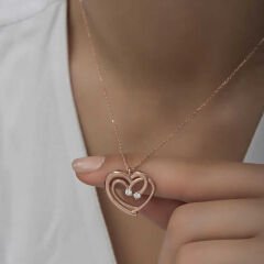925 Ayar Gümüş Rose Birleşmiş Kalpler Kadın Kolye T6581 (491491)