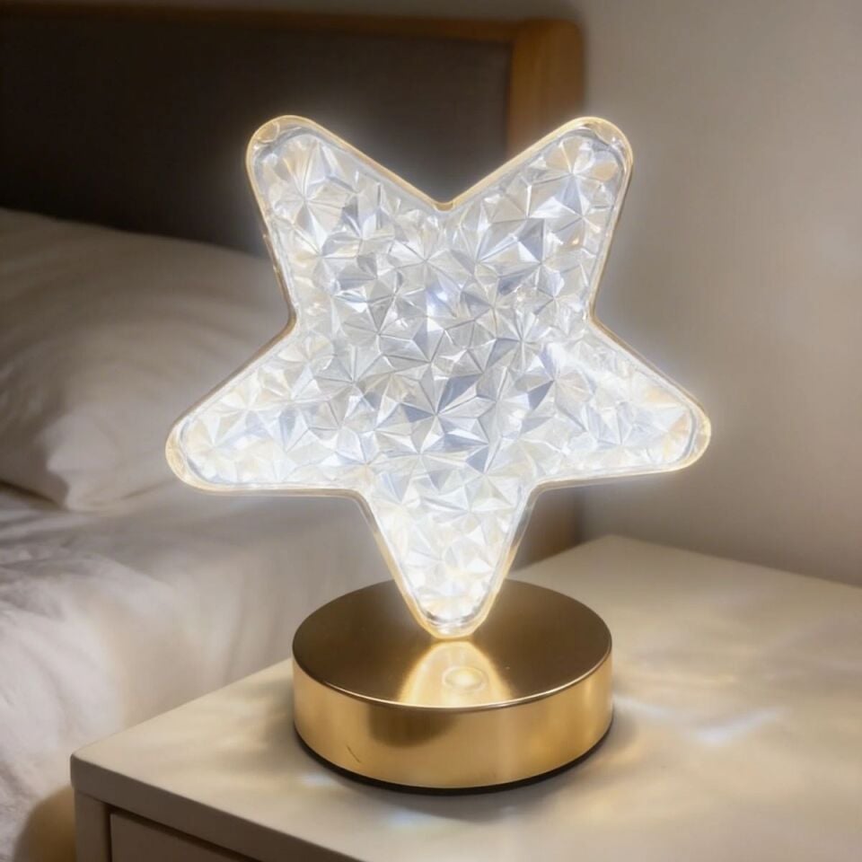 AD Yıldız Model Kristal LED Masa Lambası – Dokunmatik, 3 Renk Işık Modlu, Şarjlı Mini Dekoratif Gece Lambası