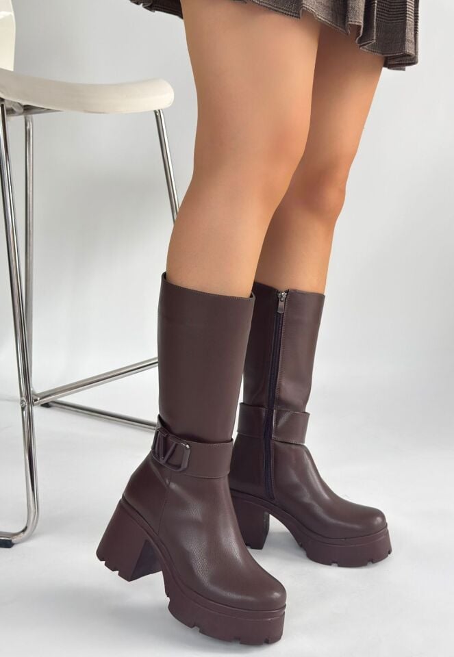Moki Kahverengi Cilt Topuklu Çizme