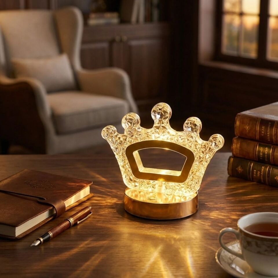 AD Kral Tacı Model Kristal LED Masa Lambası – Dokunmatik, 3 Renk Işık Modlu, Şarjlı Mini Dekoratif Gece Lambası