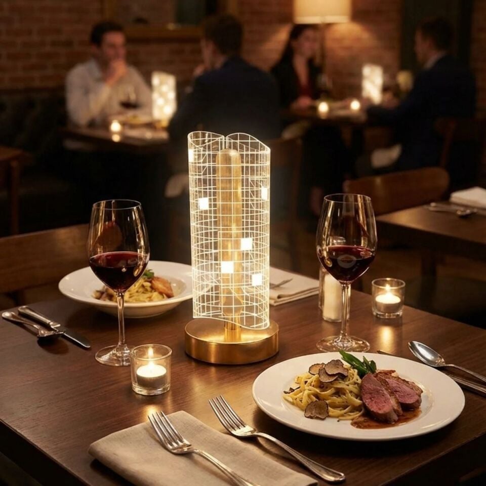 AD Dalgalı Silindirik Kristal Kareli Model LED Masa Lambası – Gold Tabanlı, Dokunmatik, 3 Renk Işık Modlu, Şarjlı Modern Dekoratif Gece Lambası