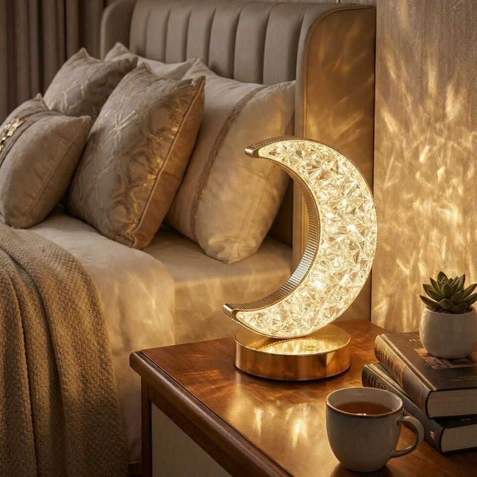 AD Hilal AY Model Kristal LED Masa Lambası – Dokunmatik, 3 Renk Işık Modlu, Şarjlı Mini Dekoratif Gece Lambası
