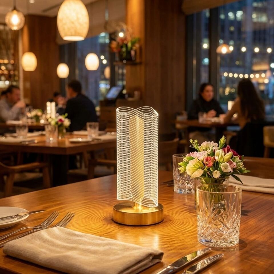 AD Dalgalı Silindirik Kristal Çizgili Model LED Masa Lambası – Gold Tabanlı, Dokunmatik, 3 Renk Işık Modlu, Şarjlı Modern Dekoratif Gece Lambası