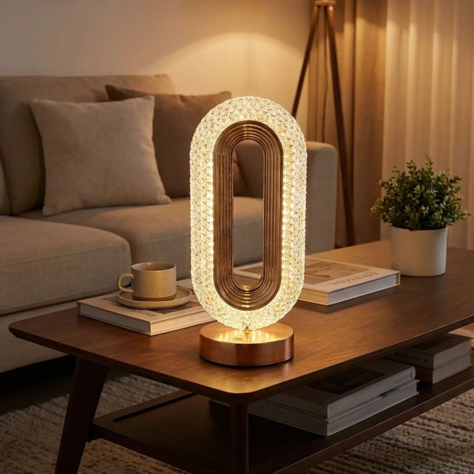 AD Oval Şeklinde Kristal LED Masa Lambası – Dokunmatik, 3 Renk Işık Modlu, Şarjlı Dekoratif Gece Lambası