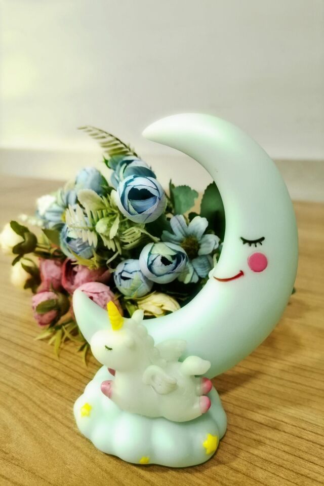 AD Sevimli Ay Ve Unicornlu Renk Değiştiren Gece Lambası Su Yeşili