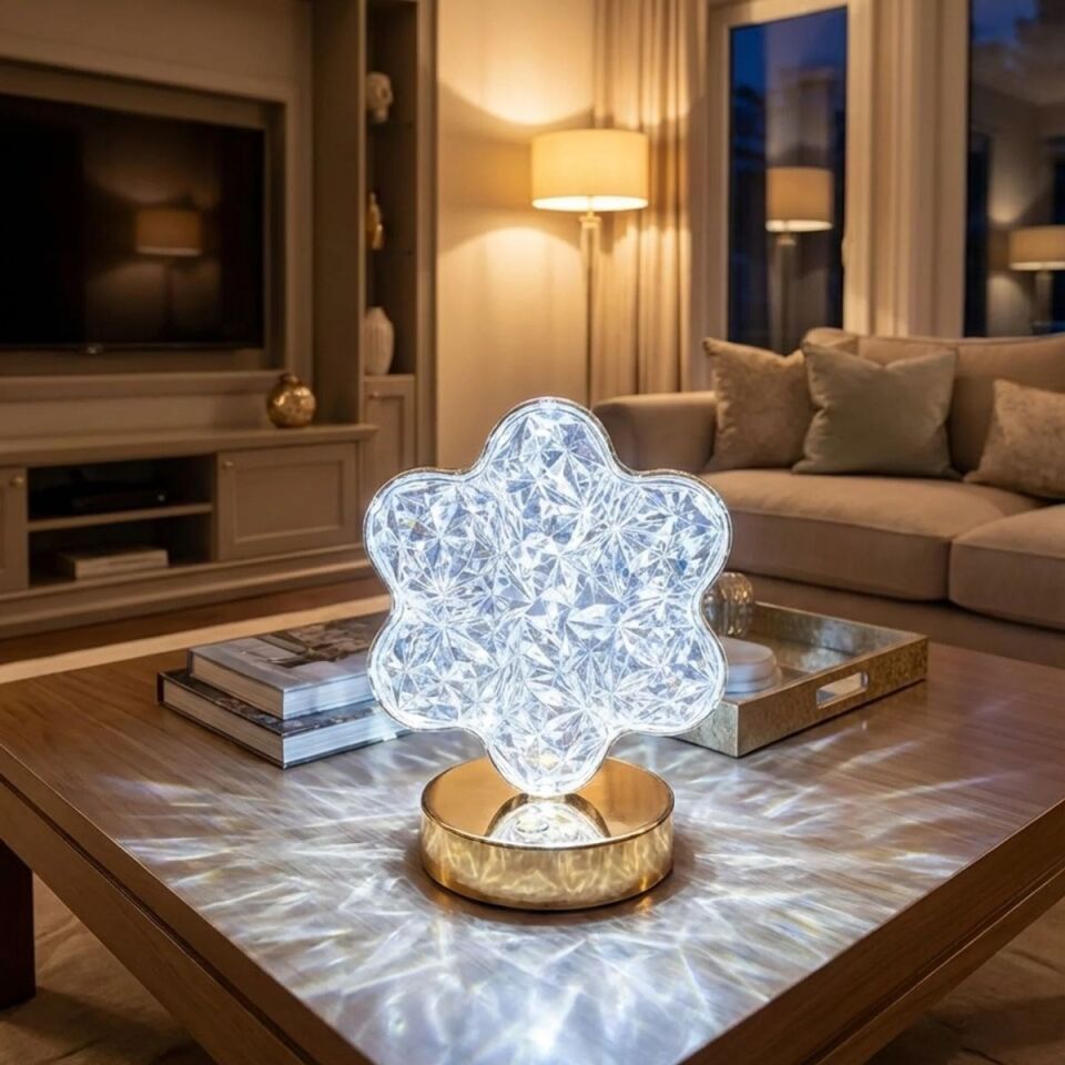 AD Çiçek Model Kristal LED Masa Lambası – Dokunmatik, 3 Renk Işık Modlu, Şarjlı Mini Dekoratif Gece Lambası