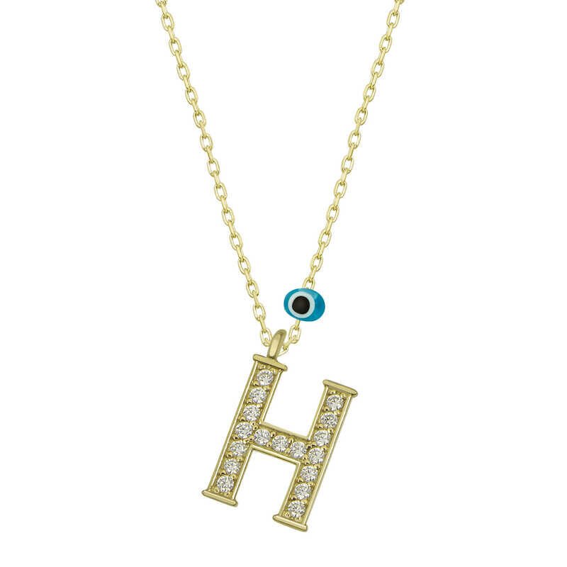 925 Ayar Gümüş Nazar Gold H Harfi Kadın Gümüş Kolye T6783 (491491)