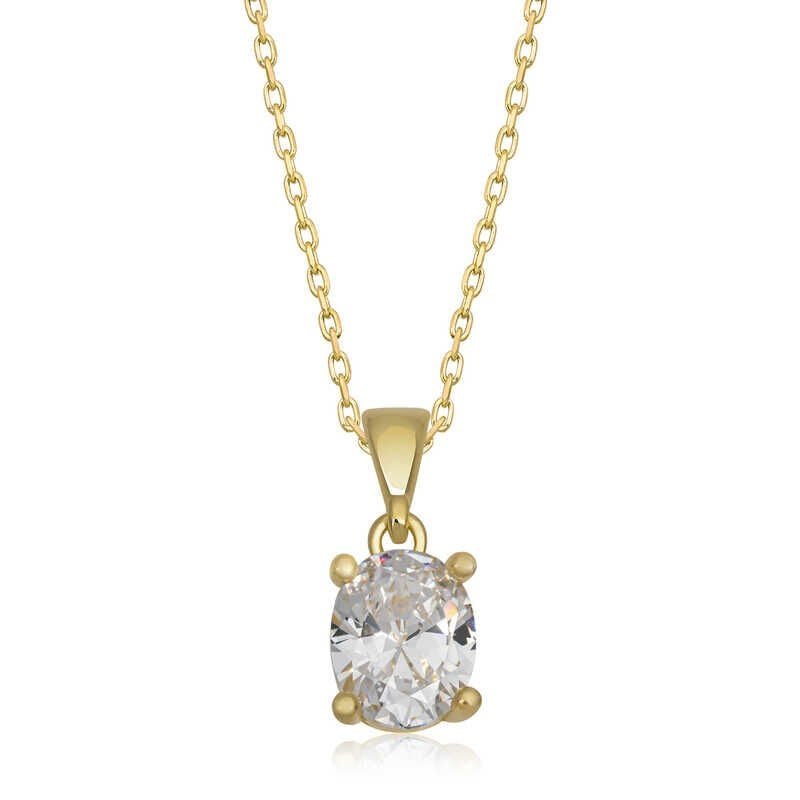 925 Ayar Gümüş Gold Oval Zirkon Taşlı Kadın Gümüş Kolye T6916 (491491)
