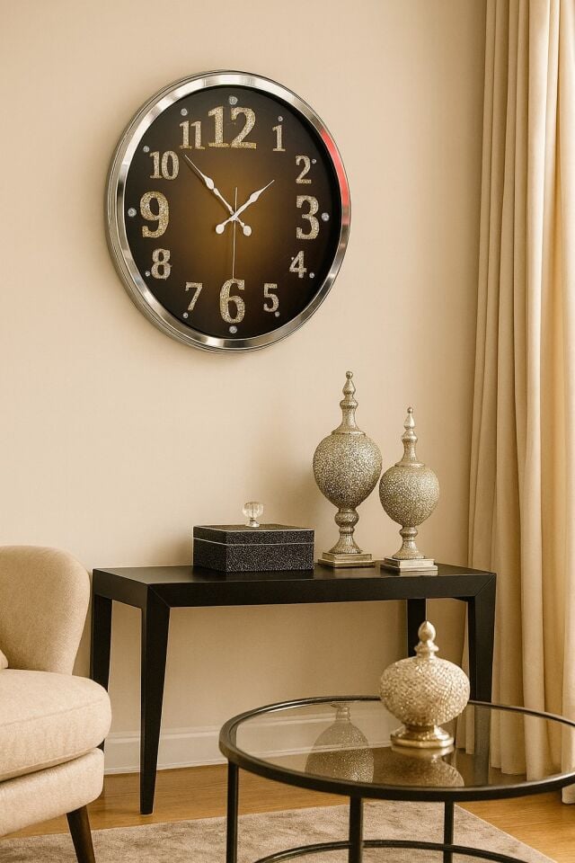 Krom Işıltılı Zaman 52 Cm Metal Duvar Saati