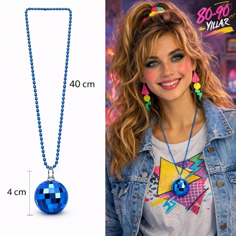 Mey İthalat® Retro Disko Topu Şekilli 80'ler 90'lar Mavi Renk Plastik Kolye
