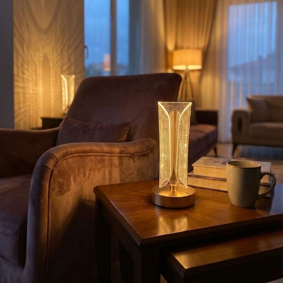 AD İki Yandan Kavisli Silindirik Çizgi Model Kristal LED Masa Lambası – Dokunmatik, 3 Renk Işık Modlu, Şarjlı Dekoratif Gece Lambası