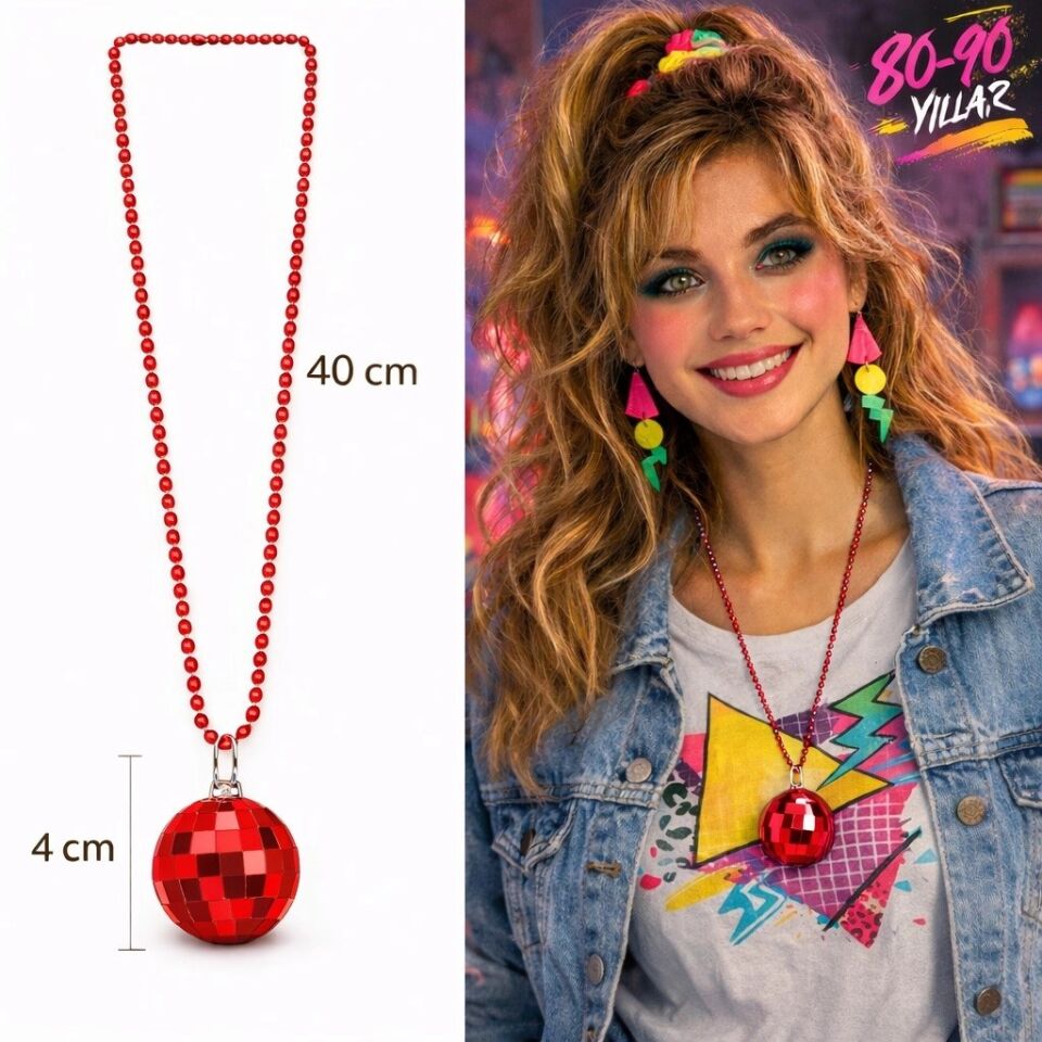 Mey İthalat® Retro Disko Topu Şekilli 80'ler 90'lar Kırmızı Renk Plastik Kolye