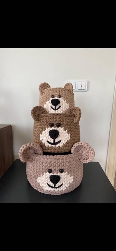 3’lü Ayıcık Sepet Seti – El Örgüsü Penye İp Organizer, Bebek/Çocuk Odası Düzenleyici