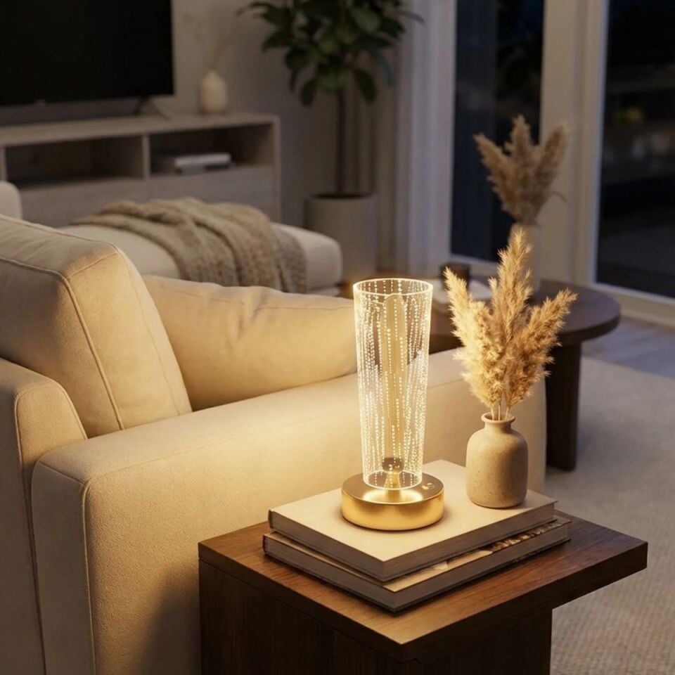 AD Silindirik Kristal Nokta Model LED Masa Lambası – Gold Tabanlı, Dokunmatik, 3 Renk Işık Modlu, Şarjlı Modern Dekoratif Gece Lambası