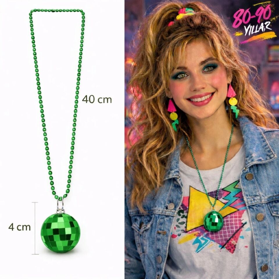 Mey İthalat® Retro Disko Topu Şekilli 80'ler 90'lar Yeşil Renk Plastik Kolye