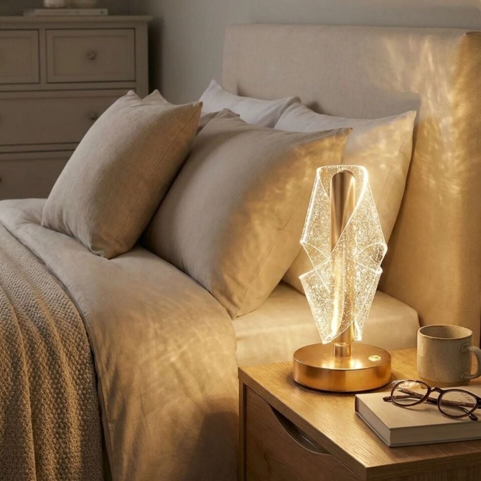 AD Çapraz Kavisli Ters Kristal Simli LED Masa Lambası – Gold Gövdeli, Dokunmatik, 3 Kademe Işık Ayarlı Şarjlı Dekoratif Lamba
