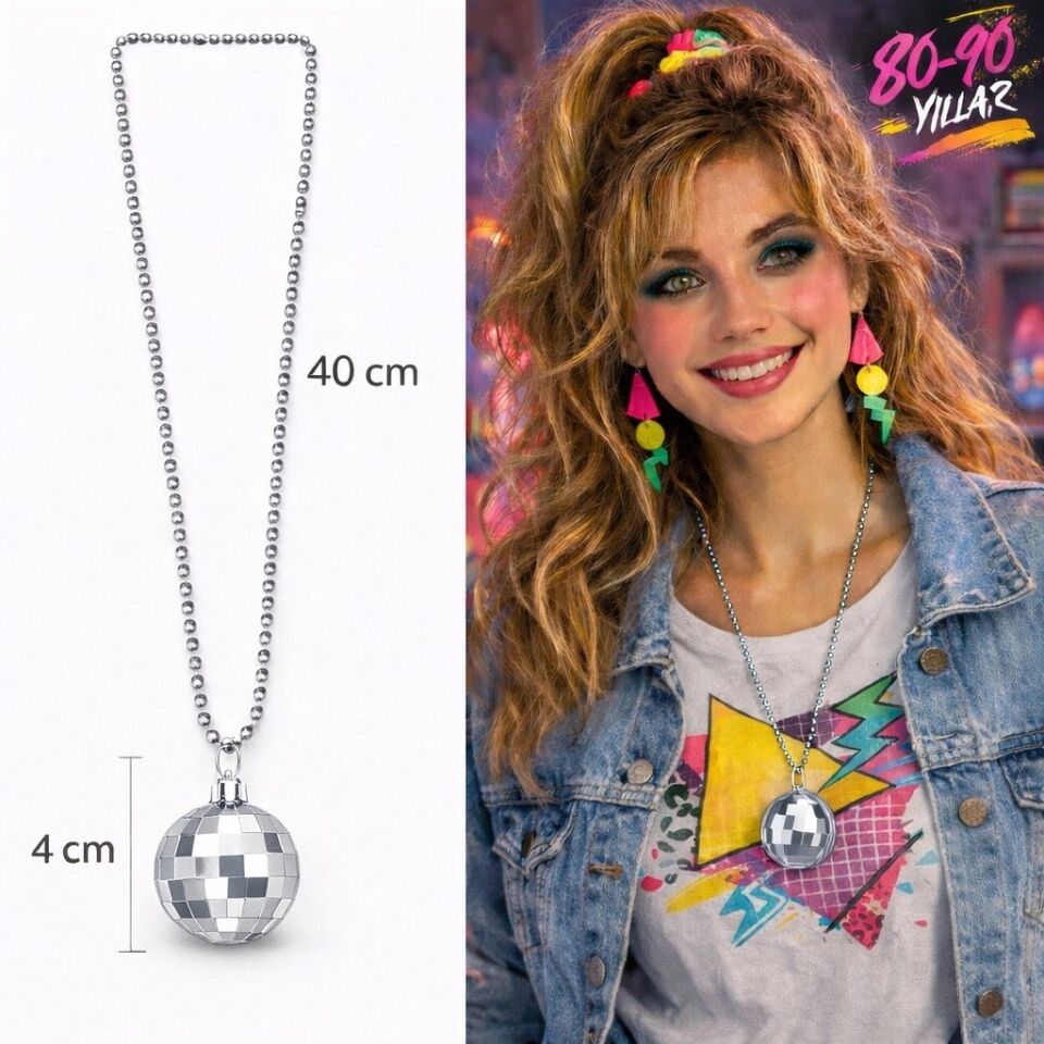 Mey İthalat® Retro Disko Topu Şekilli 80'ler 90'lar Gümüş Renk Plastik Kolye